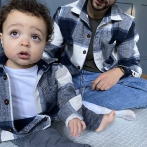 Matching father and son overshirts lifestyle photo