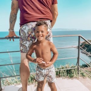 Dad & Son wearing MANCUB matching swim shorts - Birds of a Feather Print